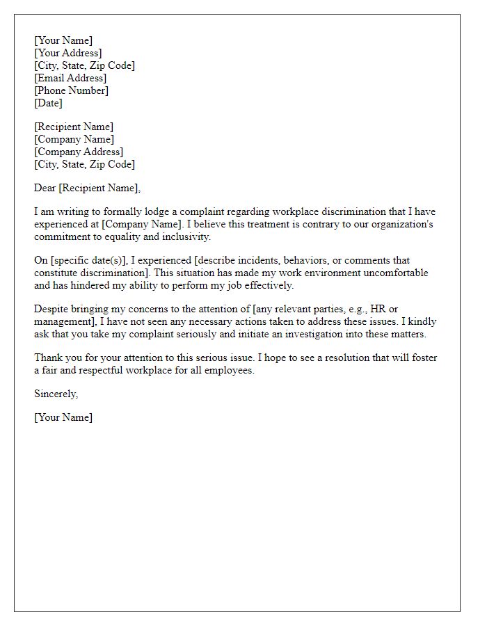 Letter template of formal complaint regarding workplace discrimination