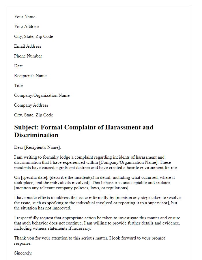 Letter template of formal complaint targeting harassment and discrimination