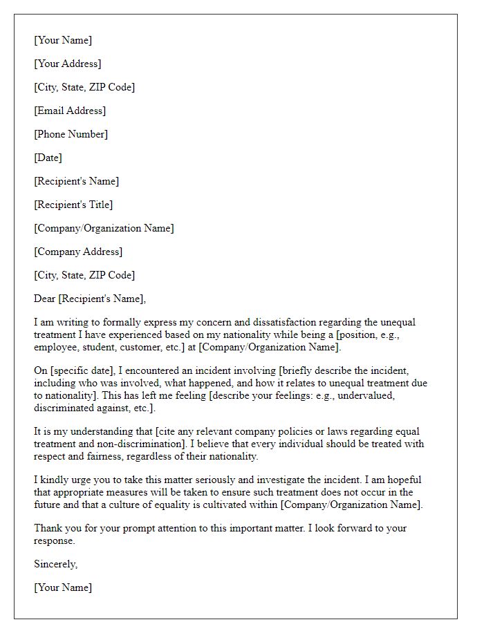 Letter template of formal complaint for unequal treatment based on nationality