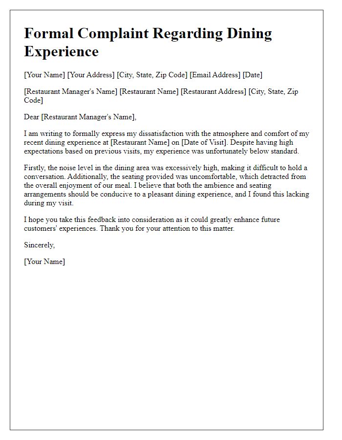 Letter template of formal complaint about the atmosphere and comfort of a dining experience.