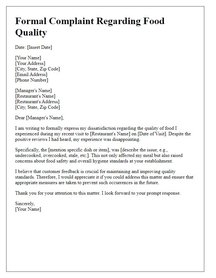 Letter template of formal complaint about food quality in a dining establishment.