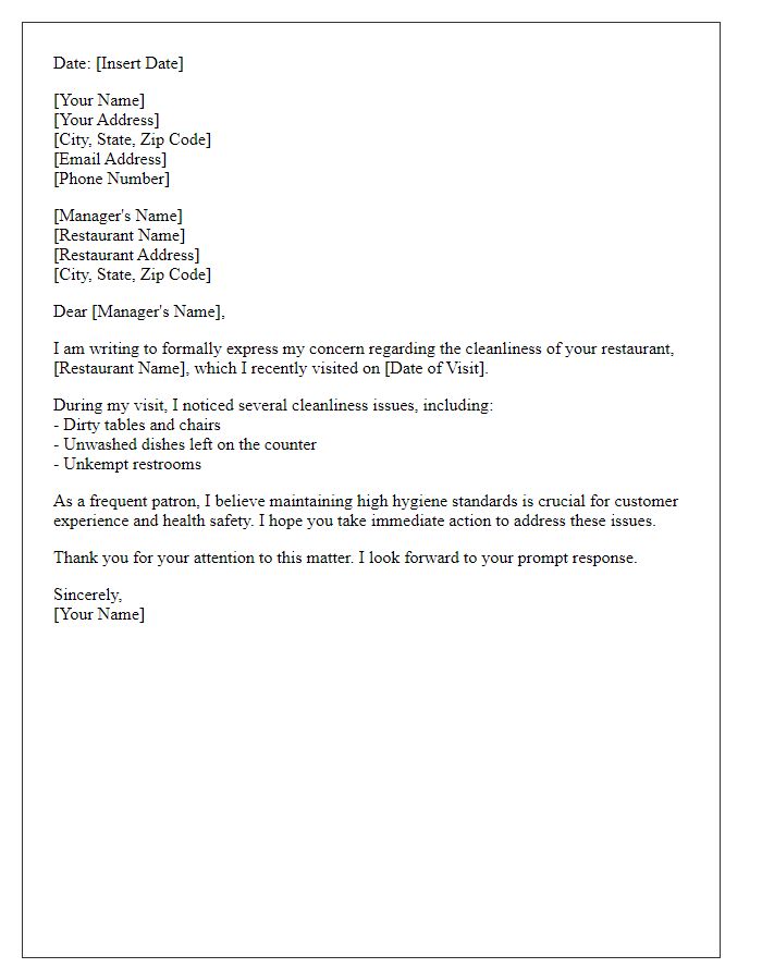 Letter template of formal complaint addressing cleanliness issues at a restaurant.