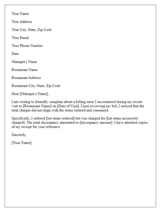 Letter template of formal complaint concerning billing errors at a restaurant.