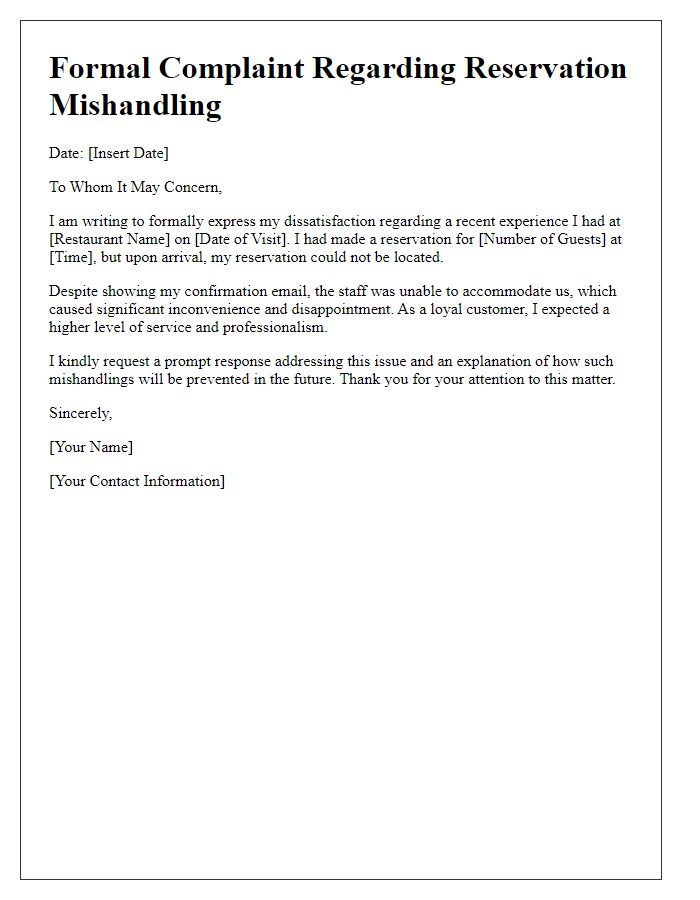 Letter template of formal complaint concerning reservation mishandling at a restaurant.