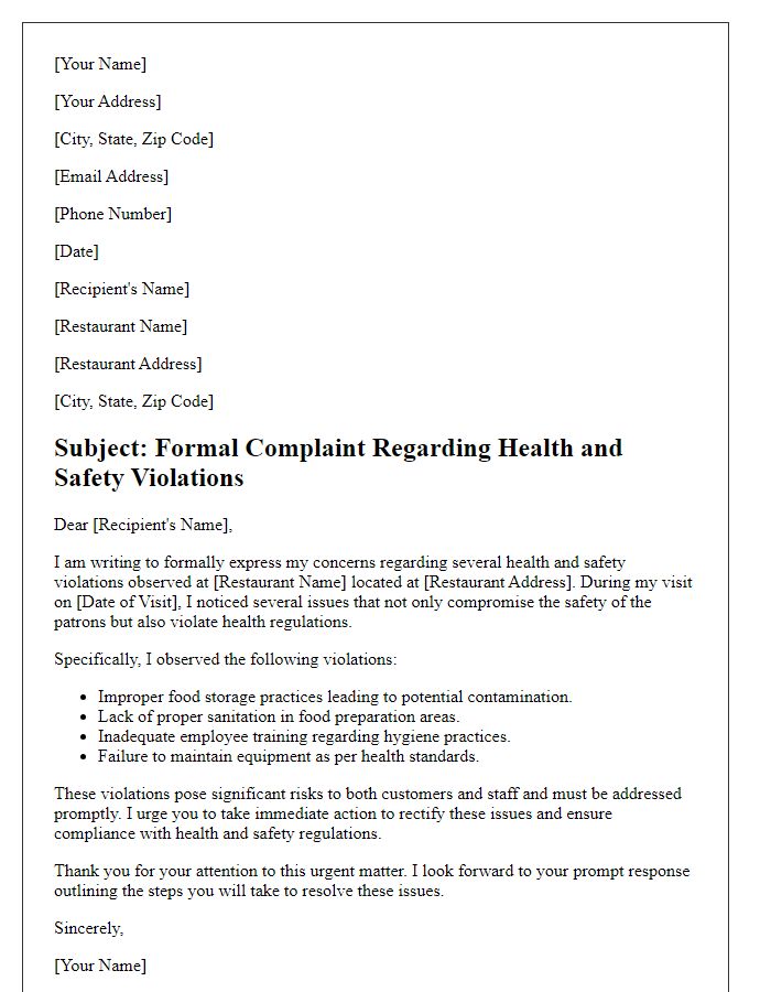 Letter template of formal complaint regarding health and safety violations in a restaurant.