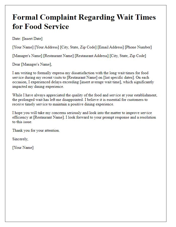 Letter template of formal complaint regarding long wait times for food service.