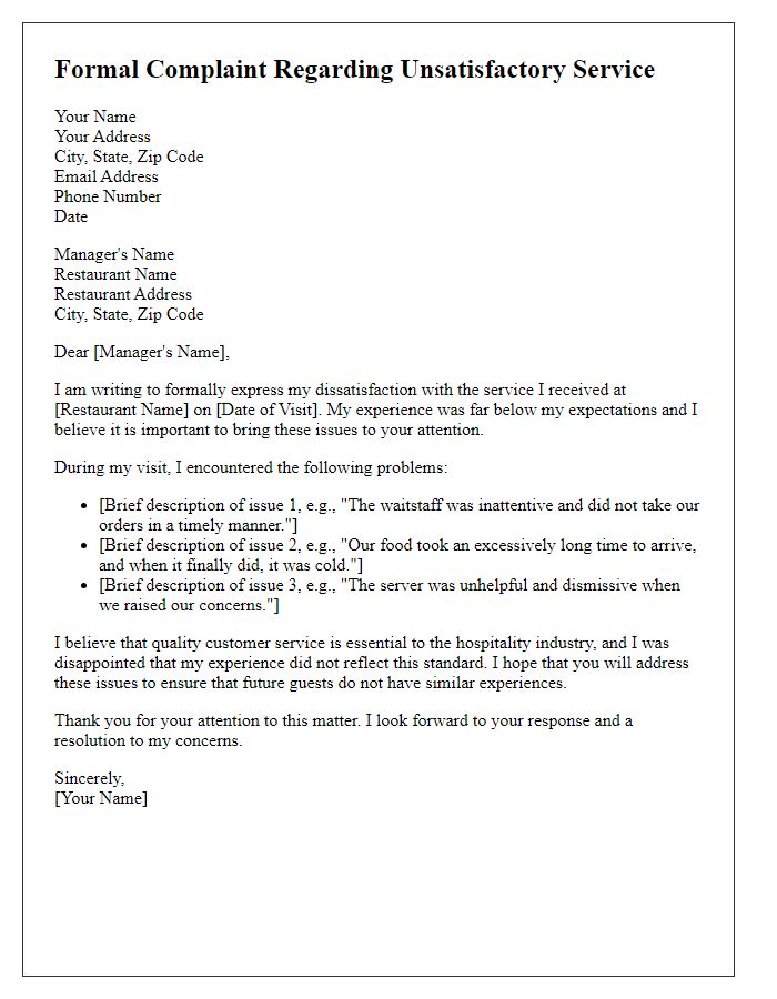 Letter template of formal complaint regarding unsatisfactory service at a restaurant.