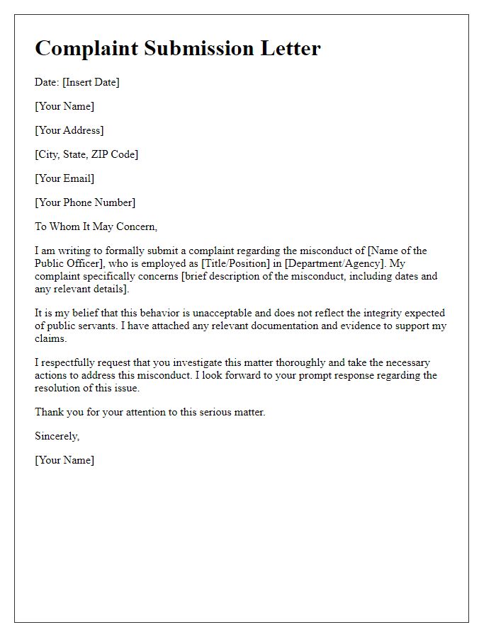 Letter template of complaint submission concerning public officer misconduct