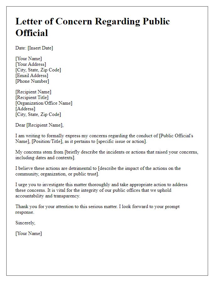 Letter template of documented concerns regarding a public official