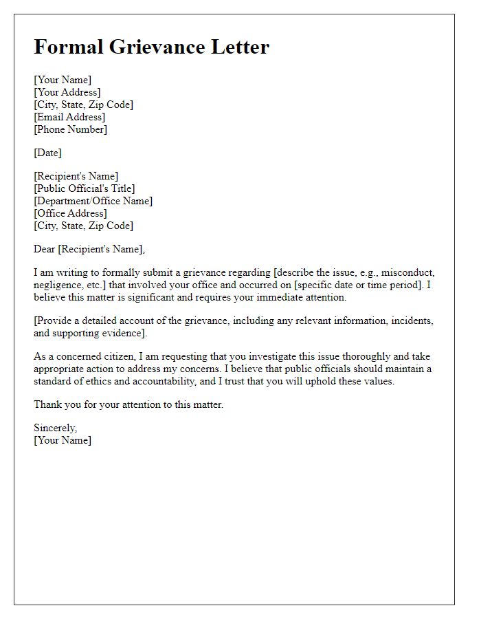 Letter template of formal grievance against public official