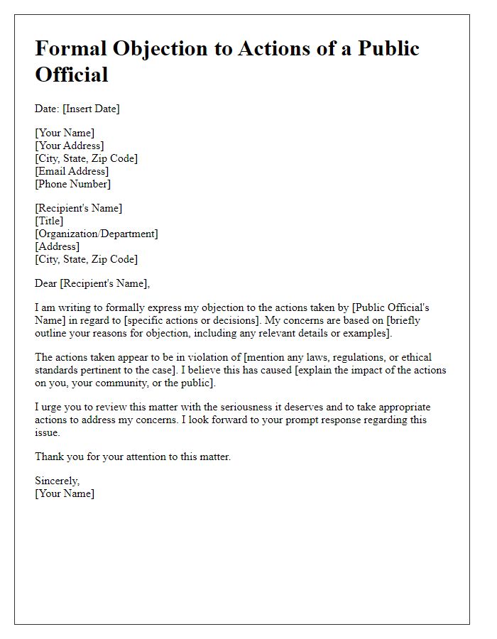 Letter template of formal objection to actions of a public official