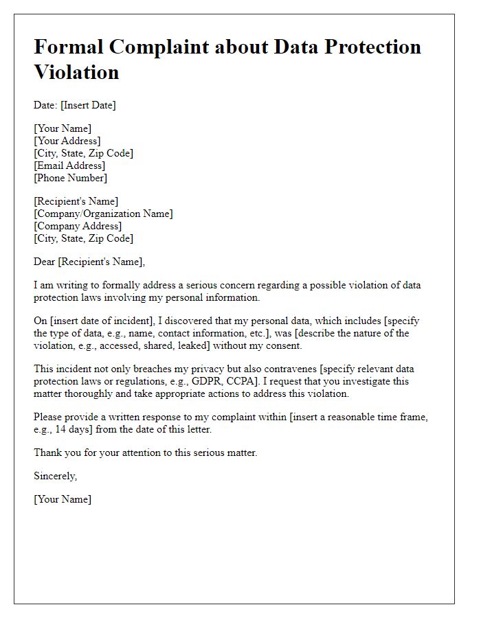 Letter template of formal complaint about data protection violation