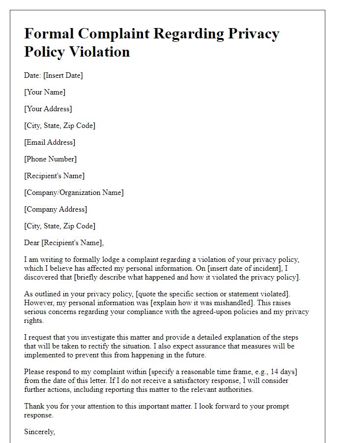 Letter template of formal complaint addressing privacy policy violation