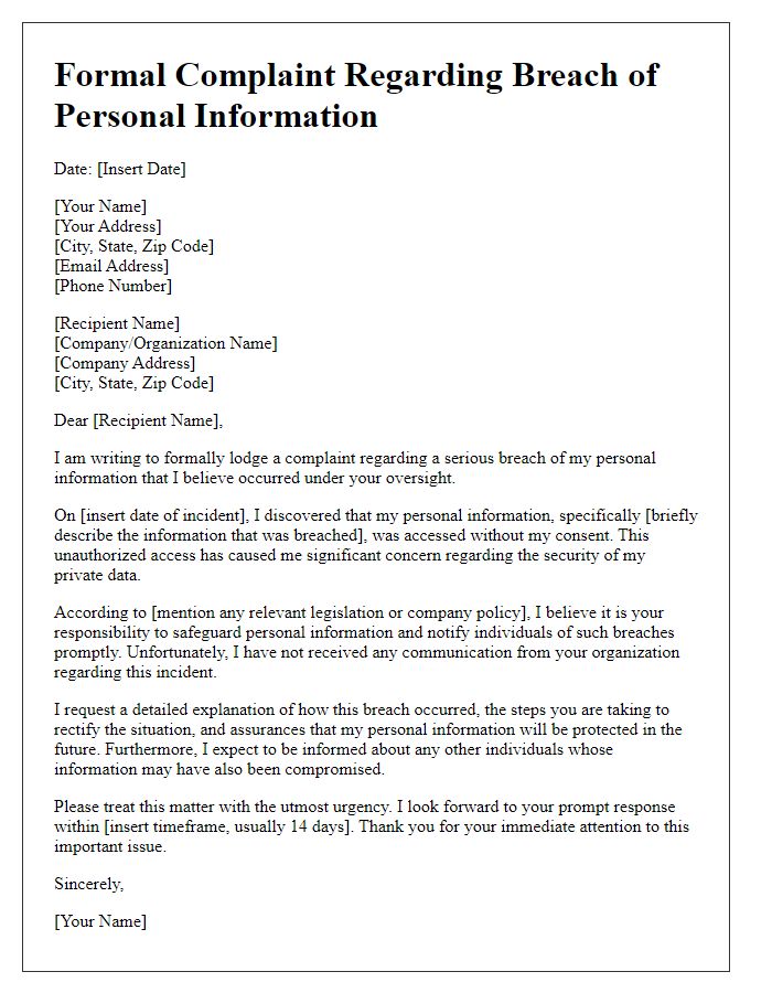 Letter template of formal complaint for breach of personal information