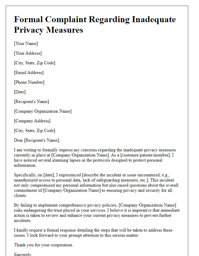 Letter template of formal complaint for inadequate privacy measures