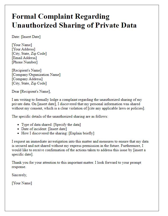 Letter template of formal complaint on unauthorized sharing of private data