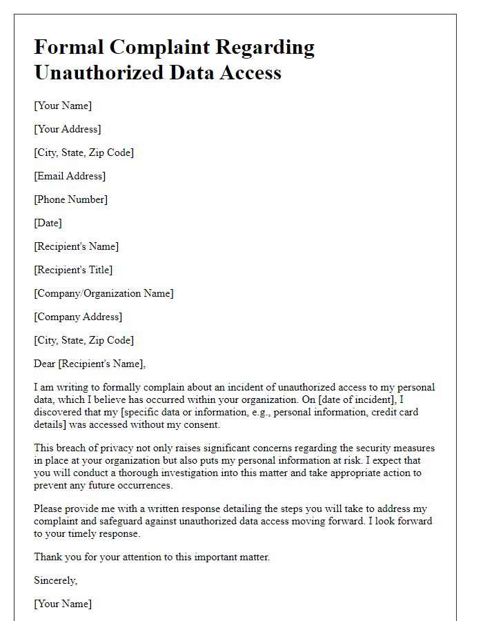 Letter template of formal complaint regarding unauthorized data access