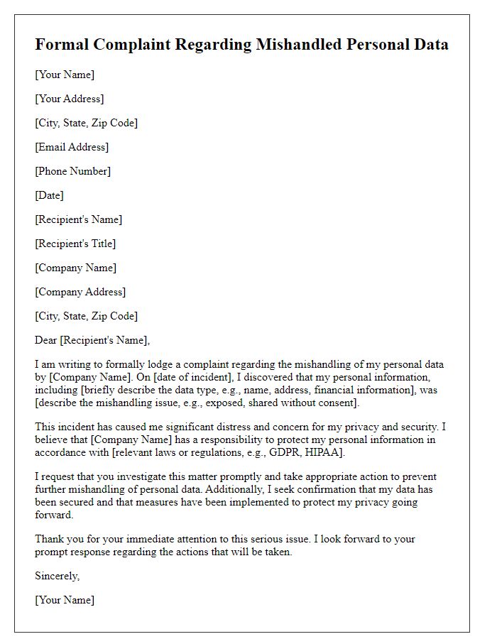 Letter template of formal complaint related to mishandled personal data