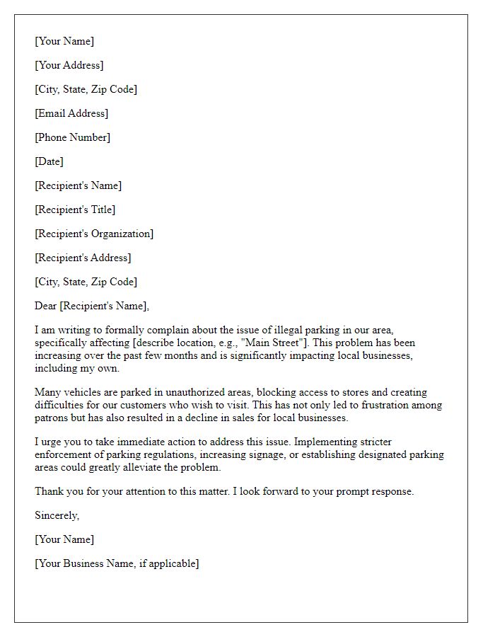 Letter template of formal complaint about illegal parking affecting local businesses.