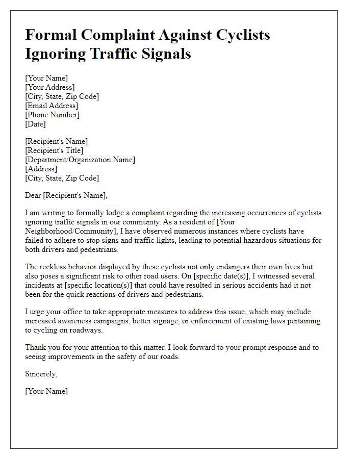 Letter template of formal complaint against cyclists ignoring traffic signals.