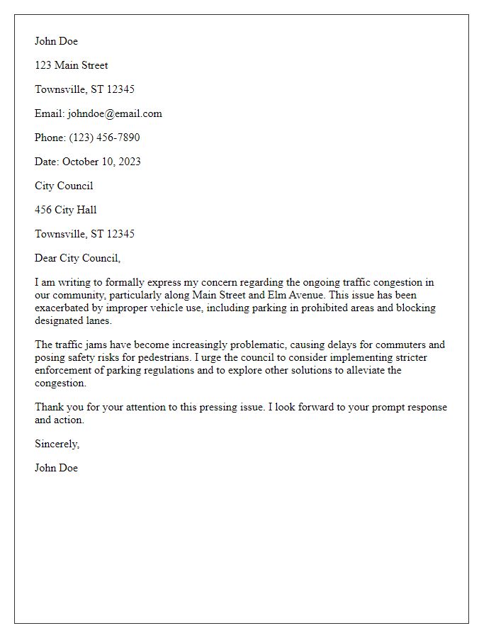 Letter template of formal complaint over traffic congestion due to improper vehicle use.