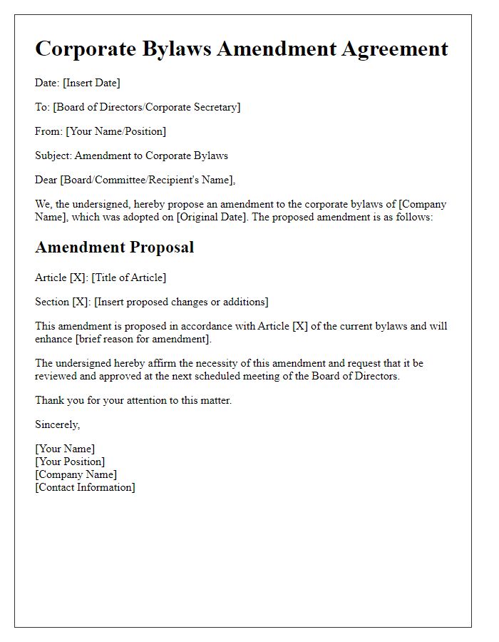 Letter template of corporate bylaws amendment agreement