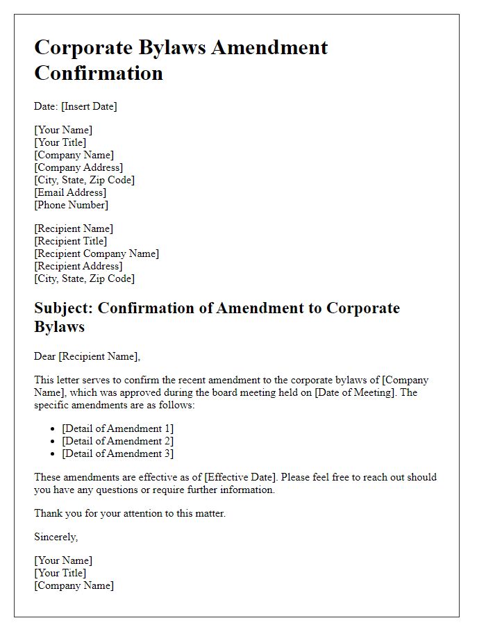 Letter template of corporate bylaws amendment confirmation