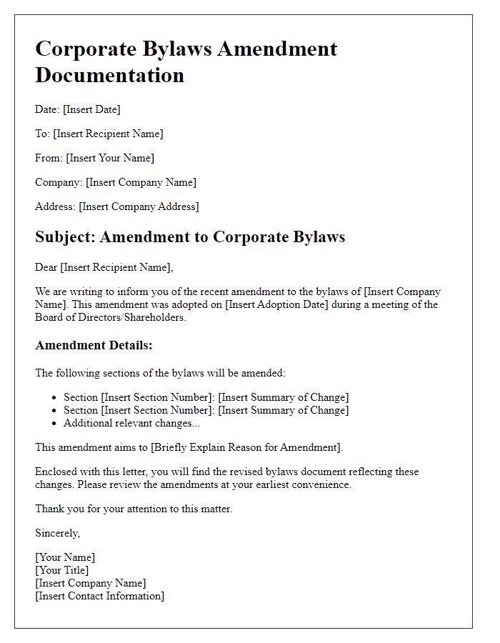 Letter template of corporate bylaws amendment documentation