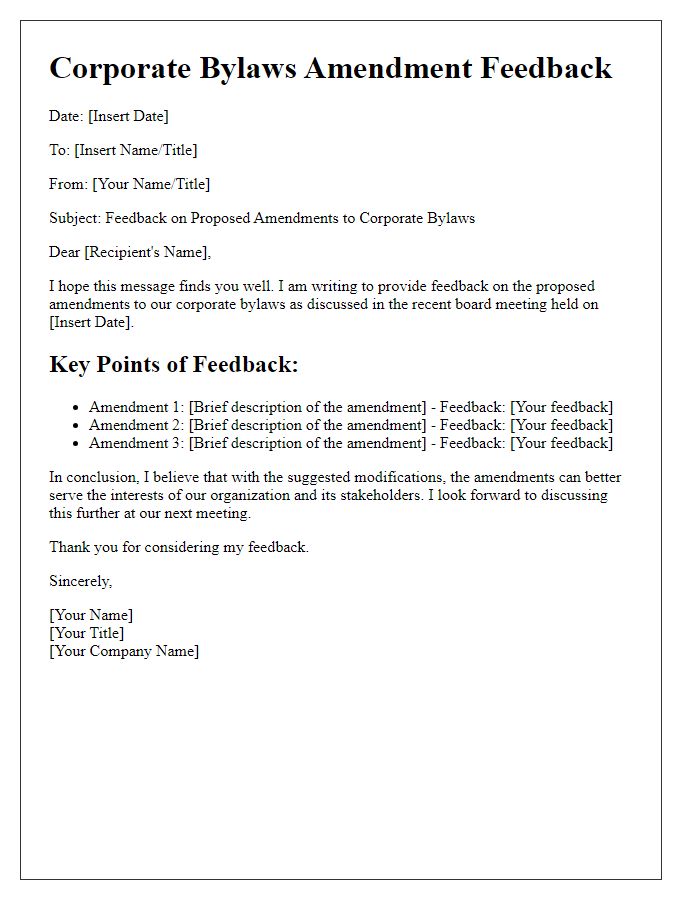 Letter template of corporate bylaws amendment feedback