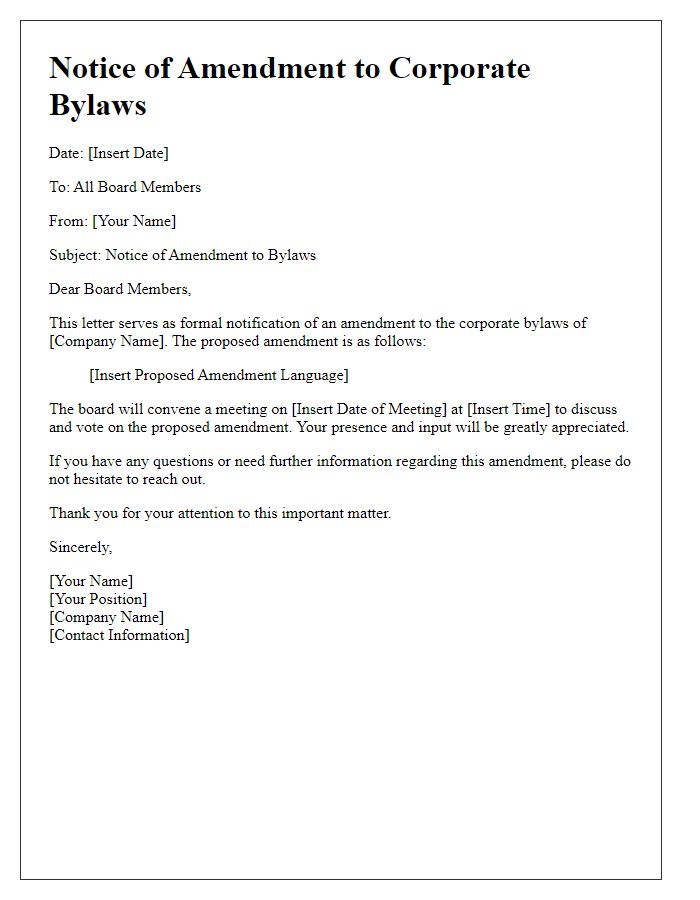 Letter template of corporate bylaws amendment notice