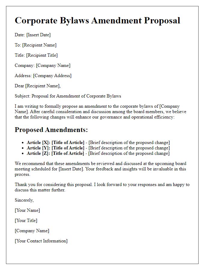 Letter template of corporate bylaws amendment proposal