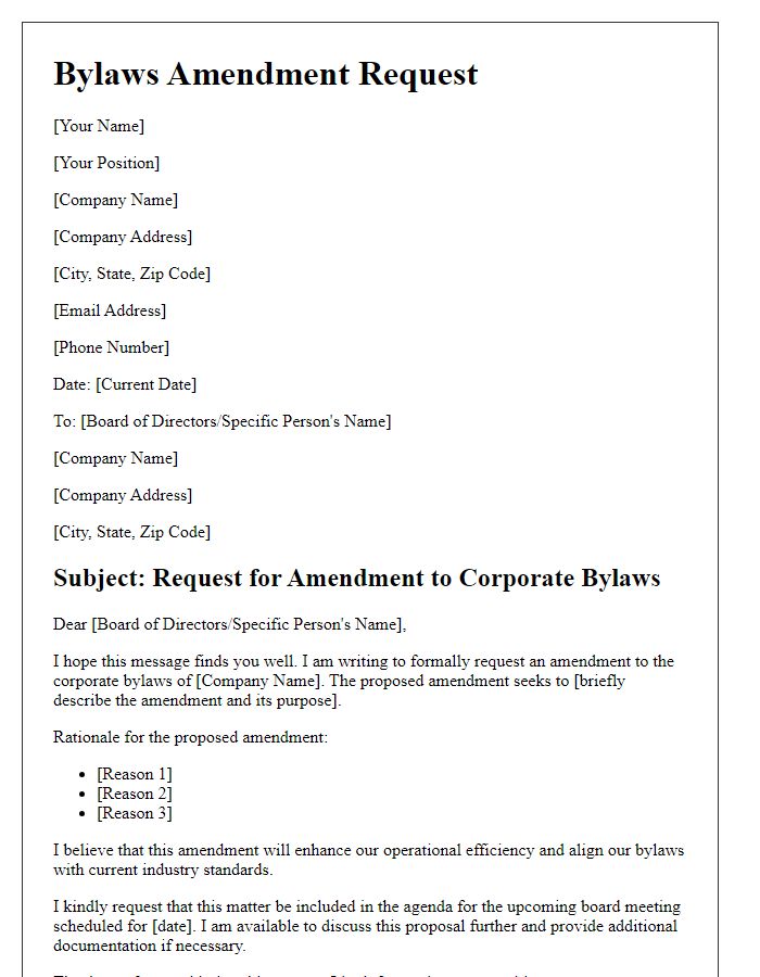 Letter template of corporate bylaws amendment request