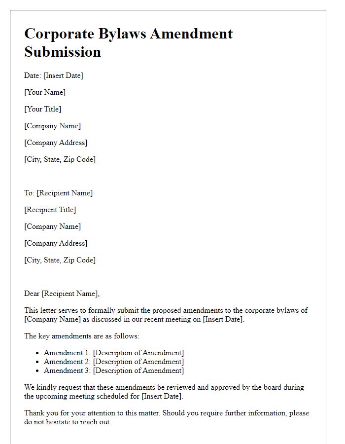 Letter template of corporate bylaws amendment submission