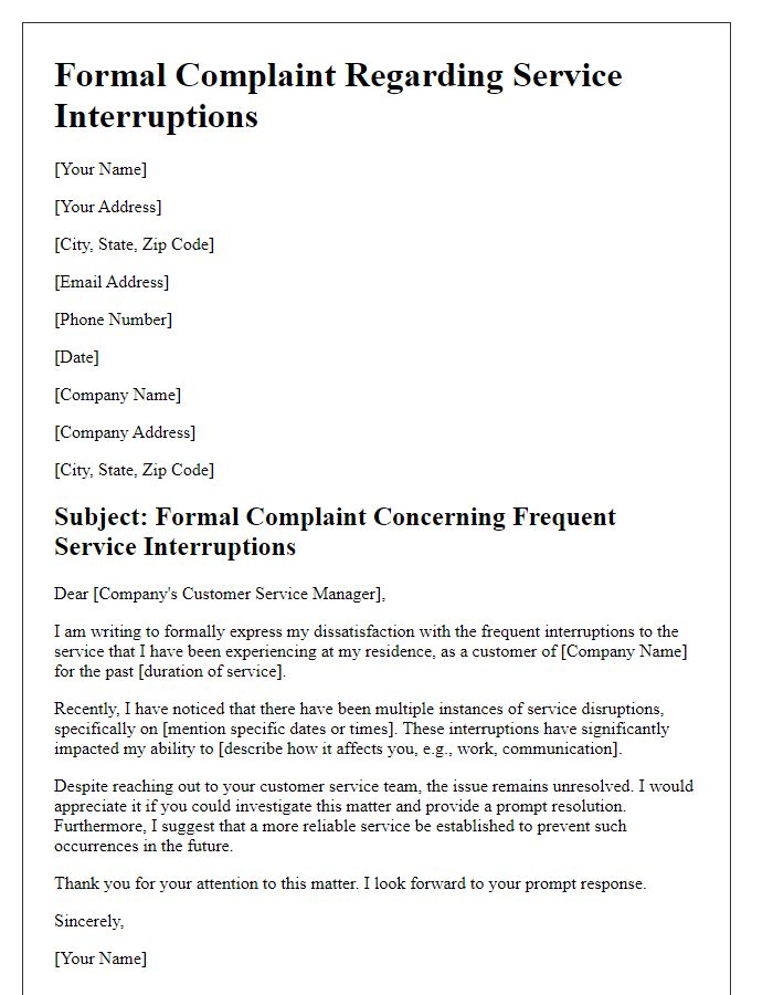 Letter template of formal complaint concerning frequent service interruptions.