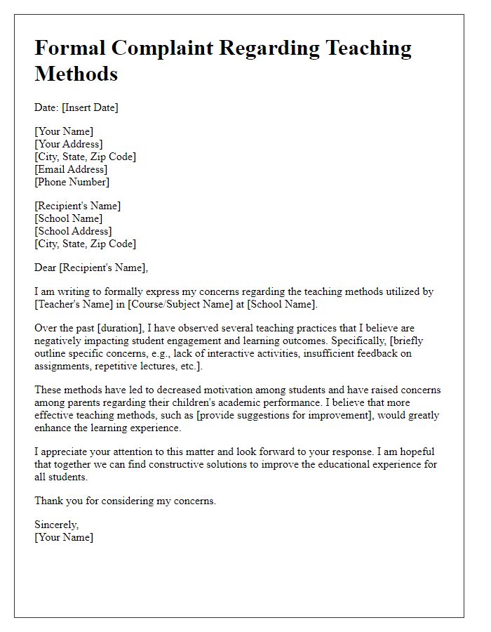 Letter template of formal complaint concerning teacher's teaching methods.