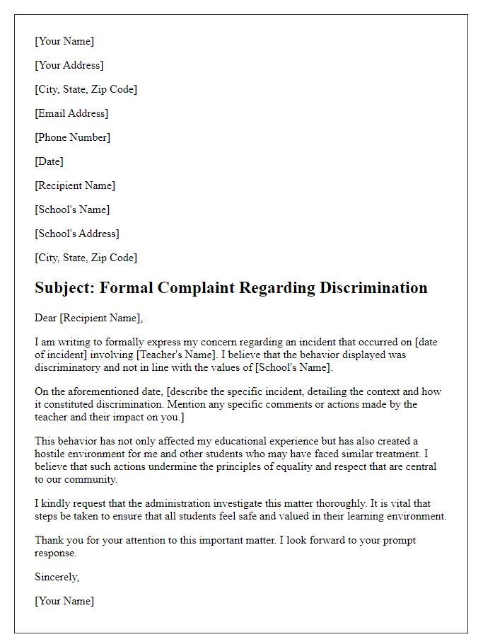 Letter template of formal complaint highlighting discrimination by a teacher.