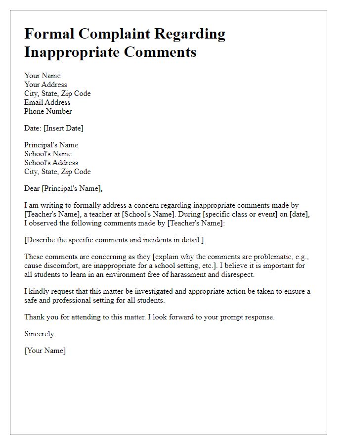 Letter template of formal complaint for inappropriate comments made by a teacher.