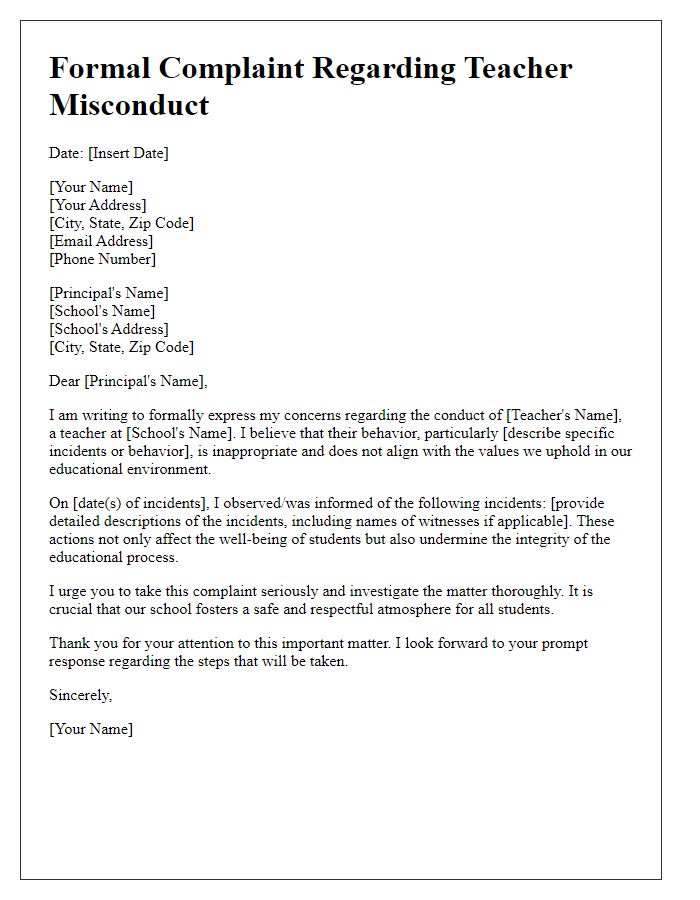 Letter template of formal complaint regarding teacher misconduct.