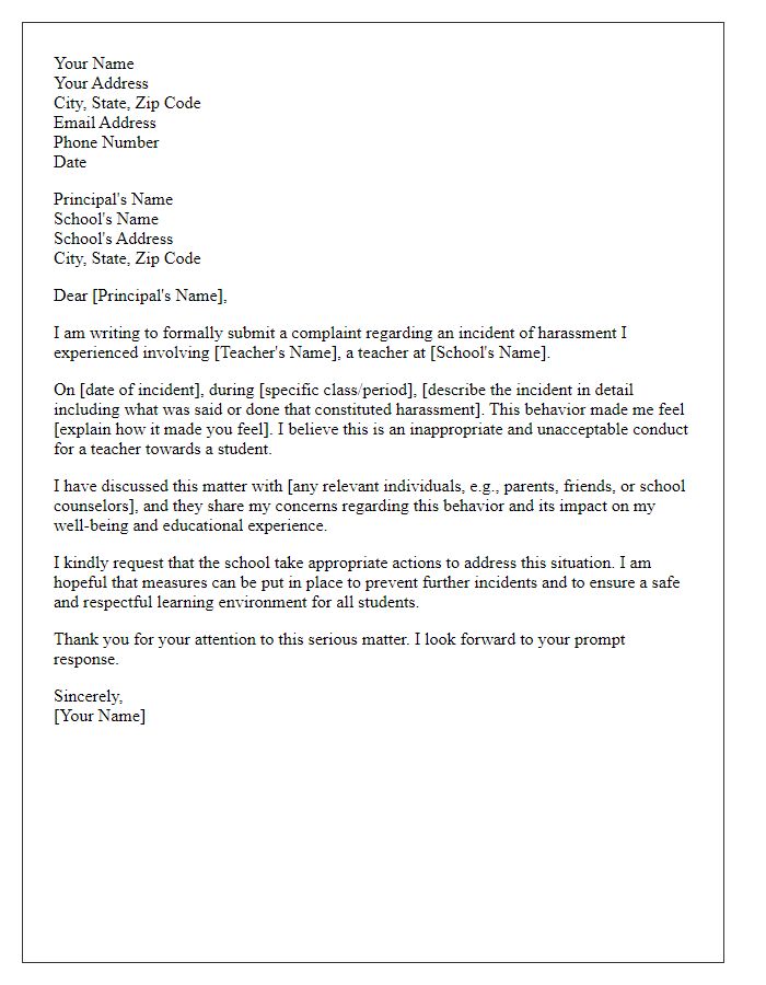 Letter template of formal complaint related to harassment by a teacher.