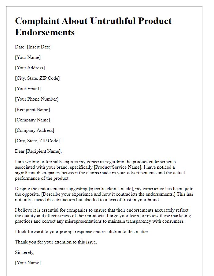 Letter template of complaint about untruthful product endorsements