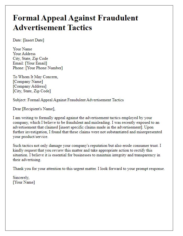 Letter template of formal appeal against fraudulent advertisement tactics