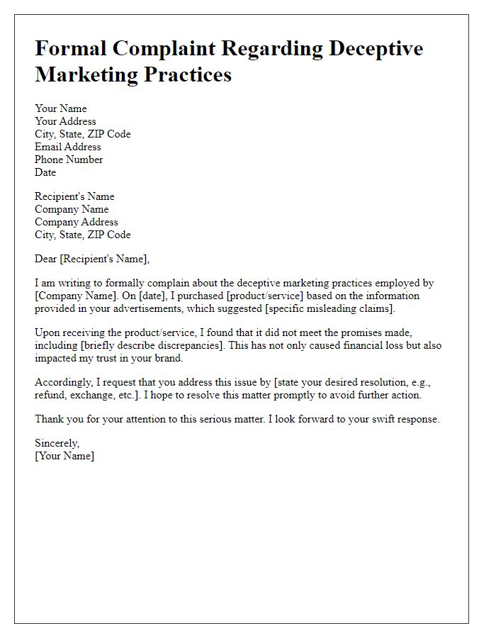 Letter template of formal complaint regarding deceptive marketing practices