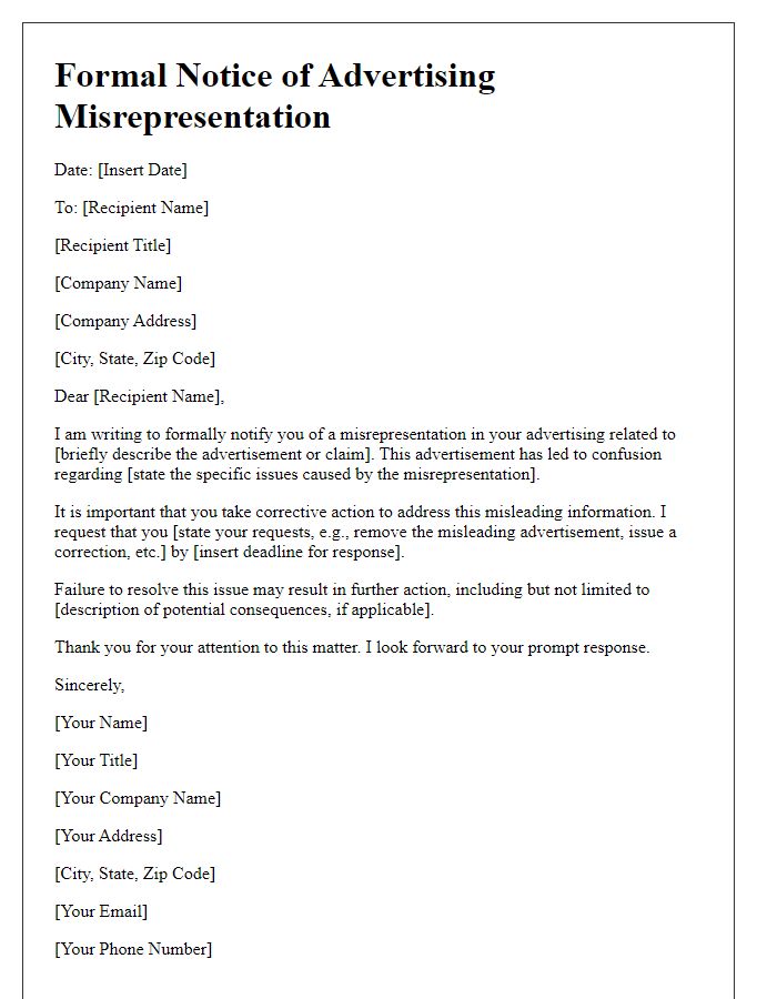 Letter template of formal notice for advertising misrepresentation