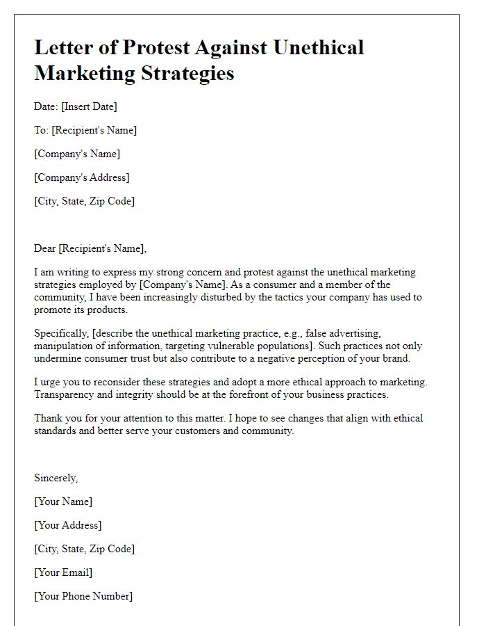 Letter template of protest against unethical marketing strategies