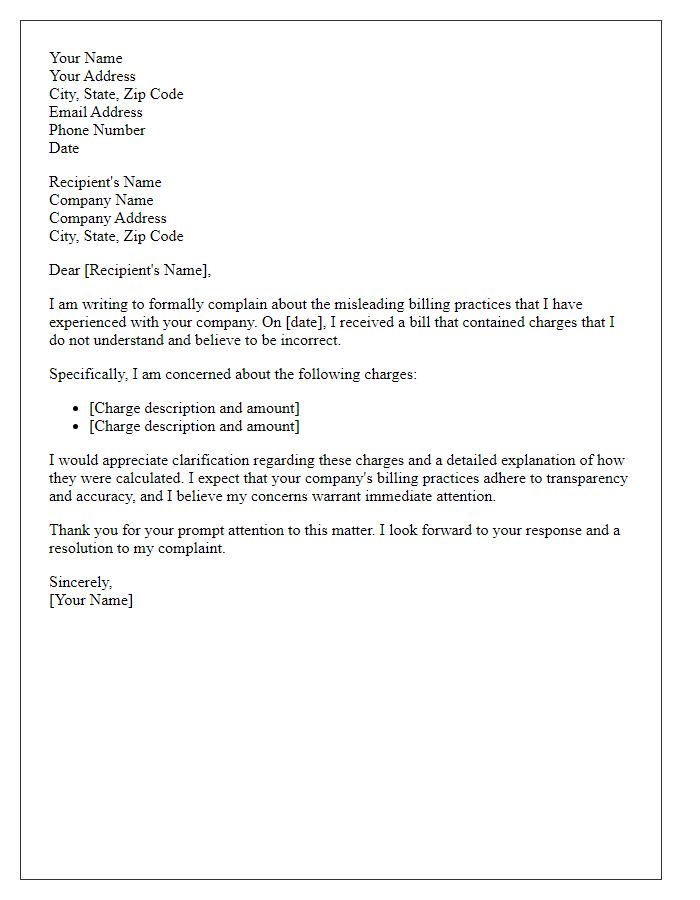 Letter template of formal complaint about misleading billing practices.