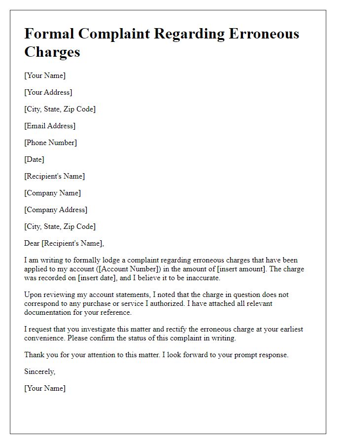 Letter template of formal complaint for erroneous charges on account.