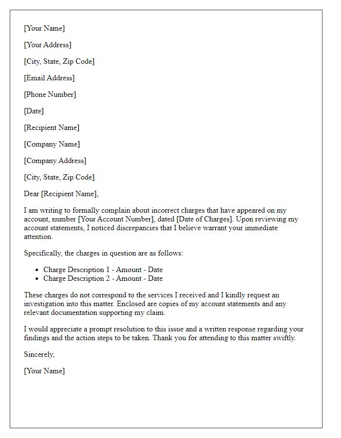 Letter template of formal complaint for incorrect account charges.