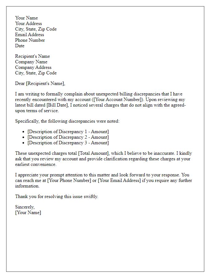 Letter template of formal complaint regarding unexpected billing discrepancies.