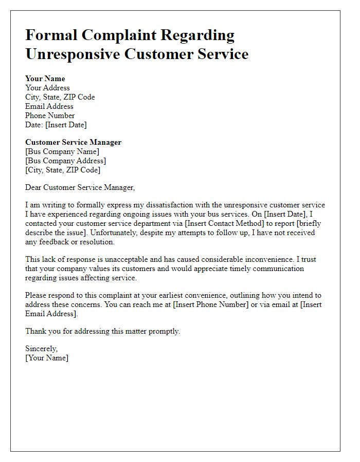 Letter template of formal complaint about unresponsive customer service regarding bus issues.