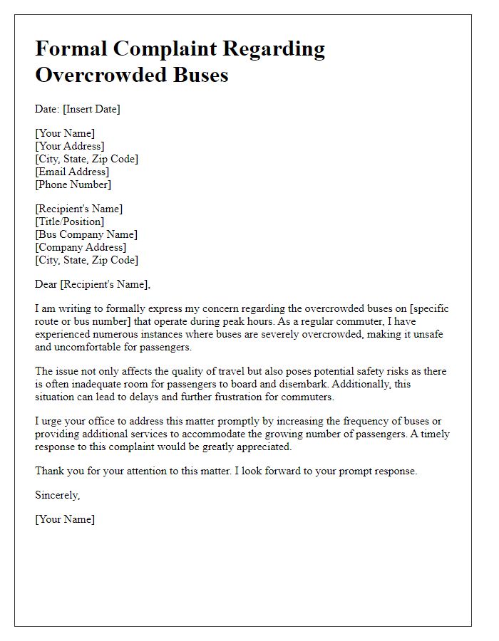 Letter template of formal complaint addressing overcrowded buses.